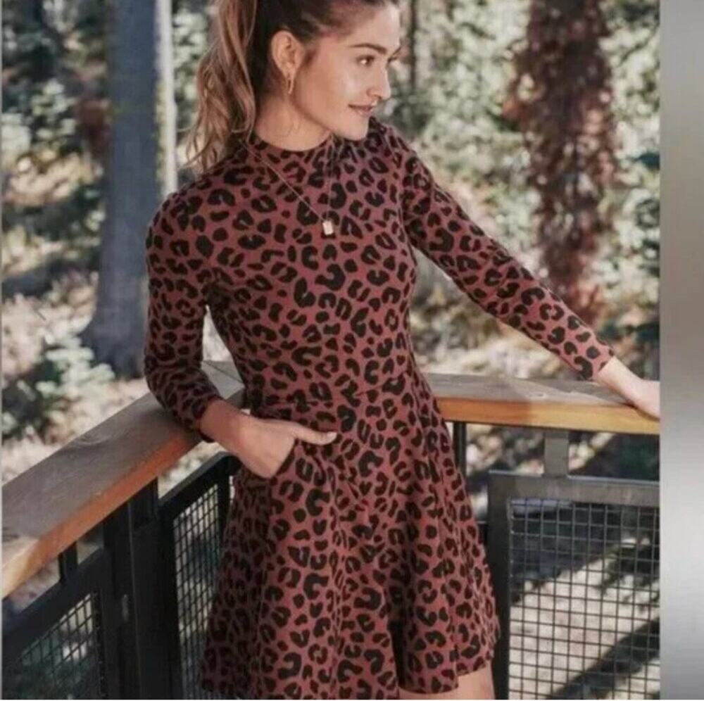 Marine Layer Brown & Black Leopard Long Sleeve Fit Flare Circle Skirt Mini Dress